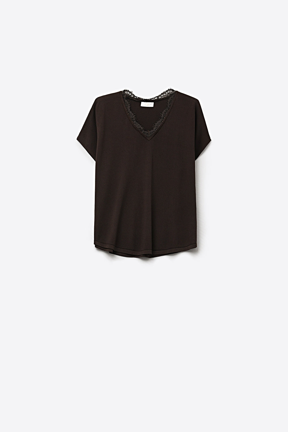 Camisola de malha fina e macia com decote em V e acabamento em renda em castanho