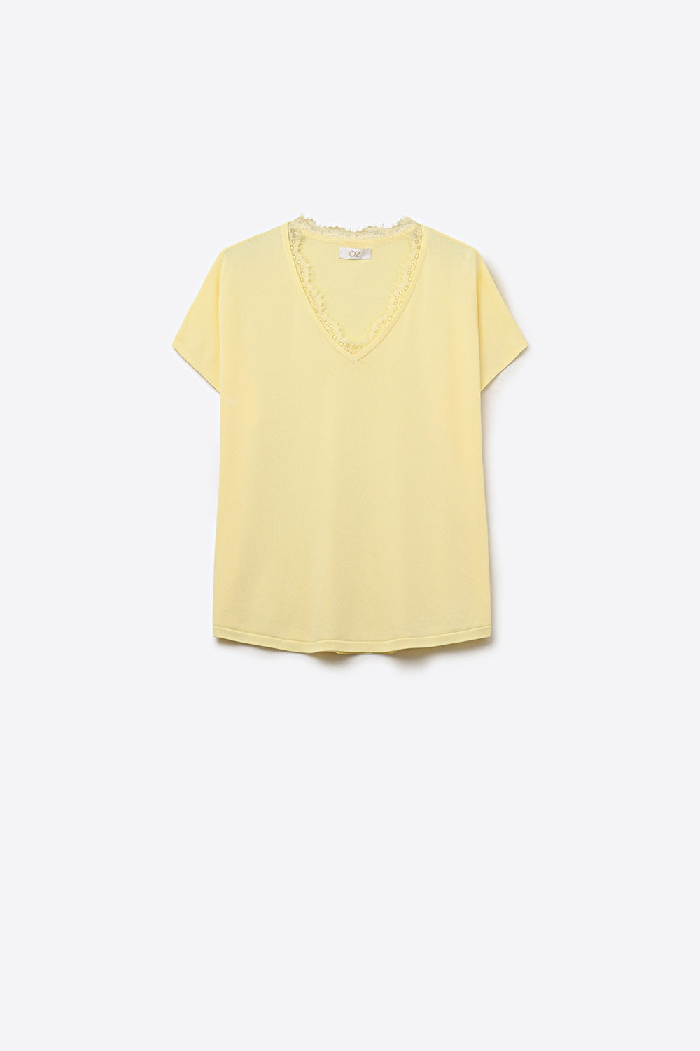 Camisola de malha fina e macia com decote em V e acabamento em renda em amarelo
