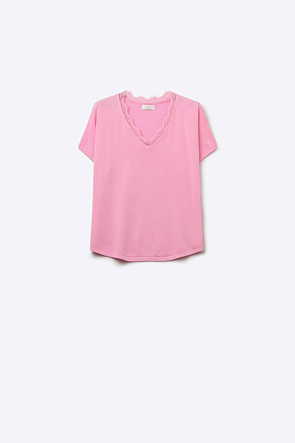 Camisola de malha fina e macia com decote em V e acabamento em renda em cor-de-rosa