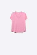 Camisola de malha fina e macia com decote em V e acabamento em renda em cor-de-rosa