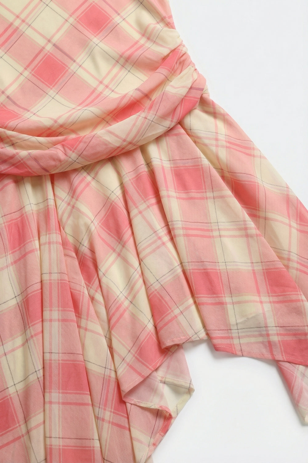 Vestido Assimétrico de Manga Longa com Tecido de Malha Xadrez em rosa
