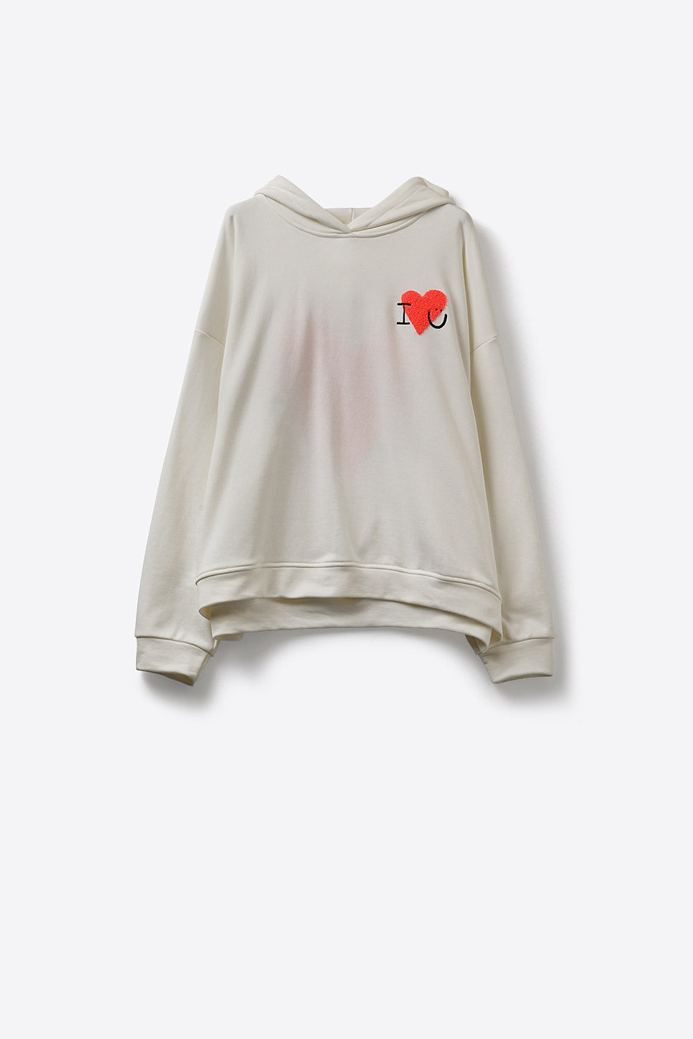 Camisola com capuz super macia em creme com gráfico de corações em bouclé