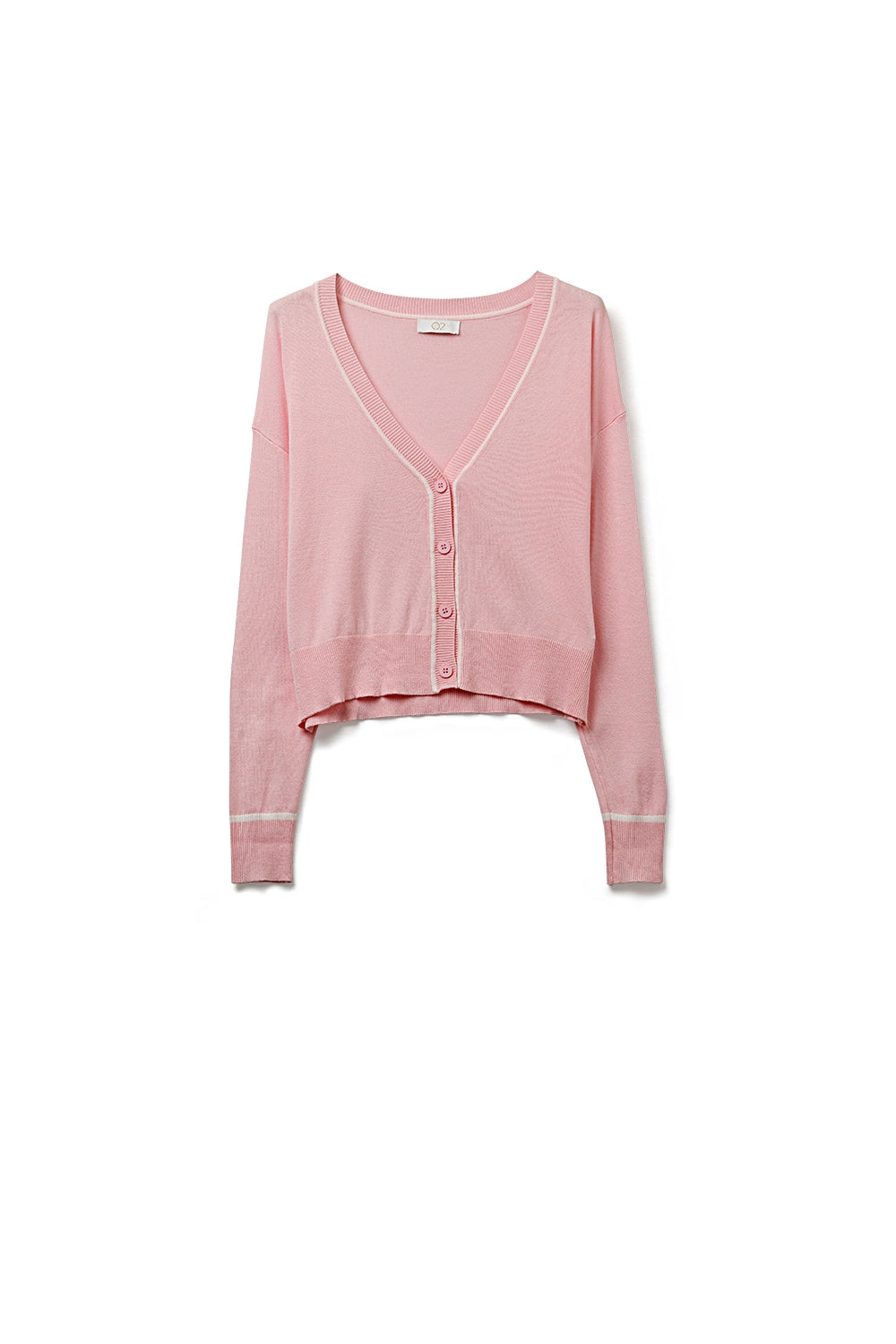 Casaco de malha fina cor-de-rosa com rebordo contrastante em branco