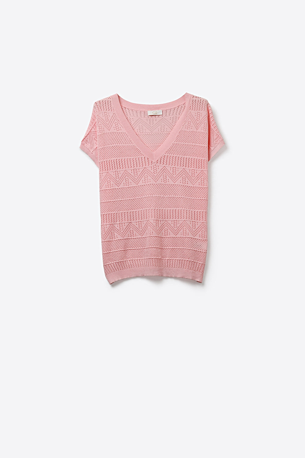 Top de malha rosa com decote em V e textura estampada