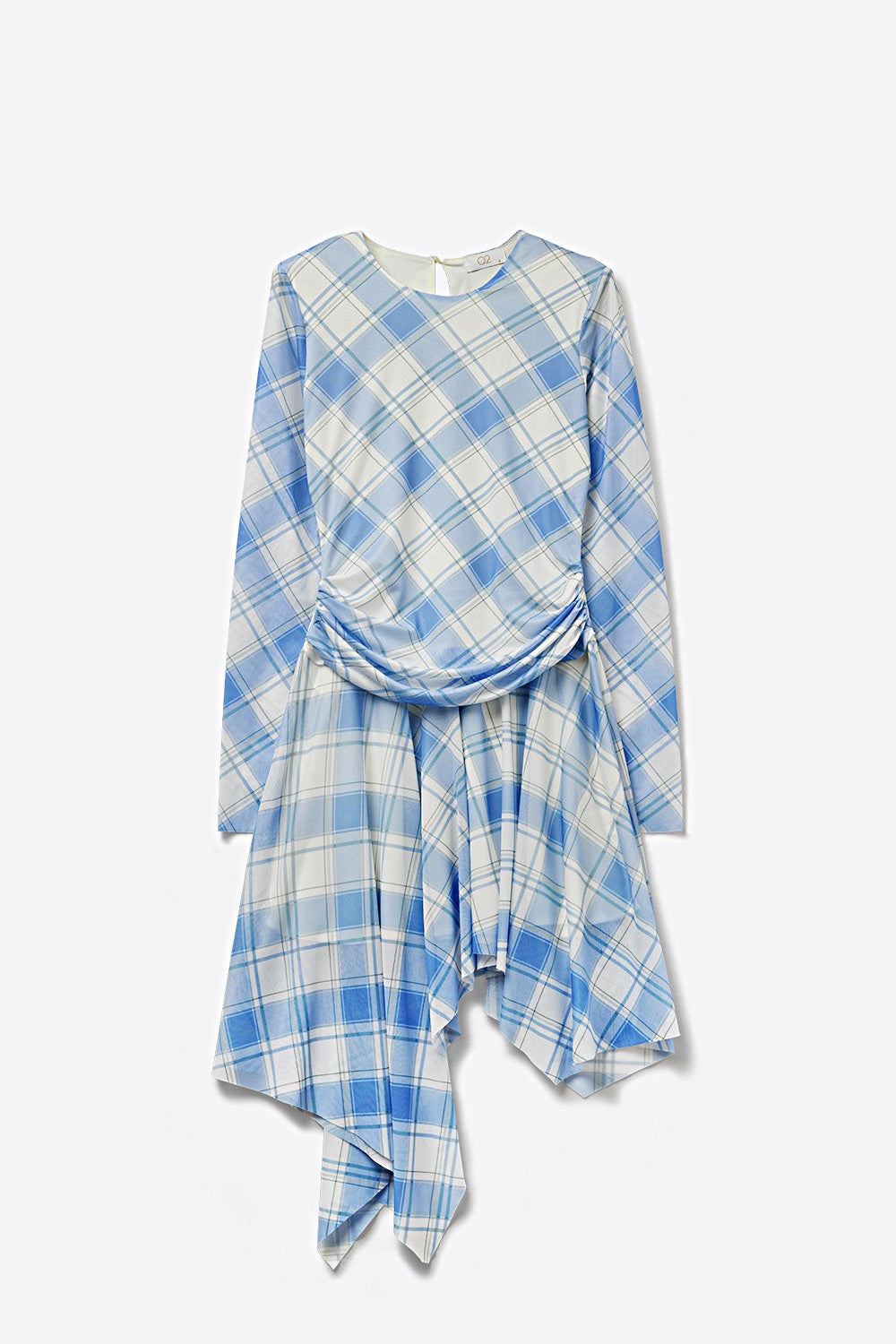 vestido assimétrico de manga comprida em tecido de malha azul