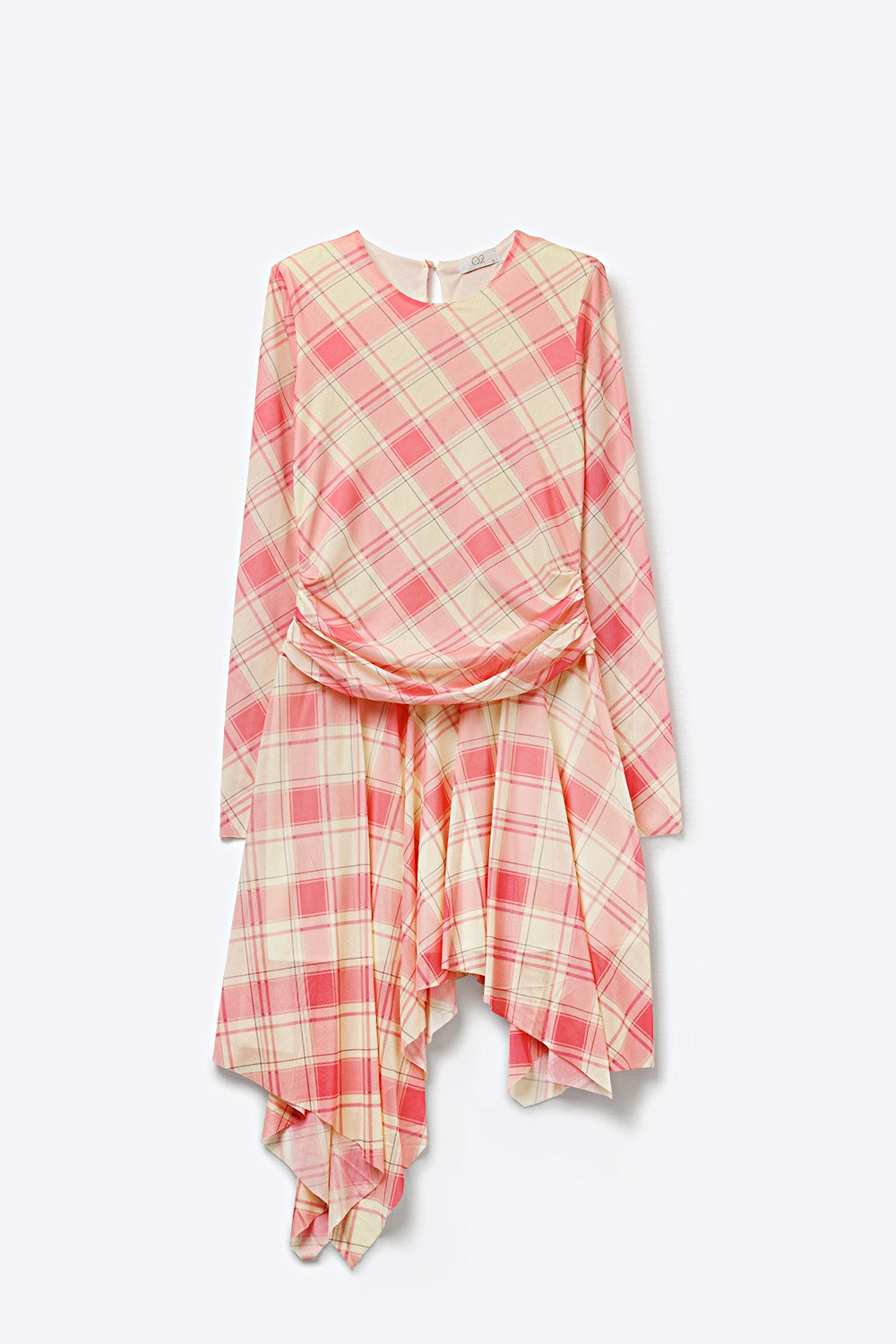 Vestido Assimétrico de Manga Longa com Tecido de Malha Xadrez em rosa