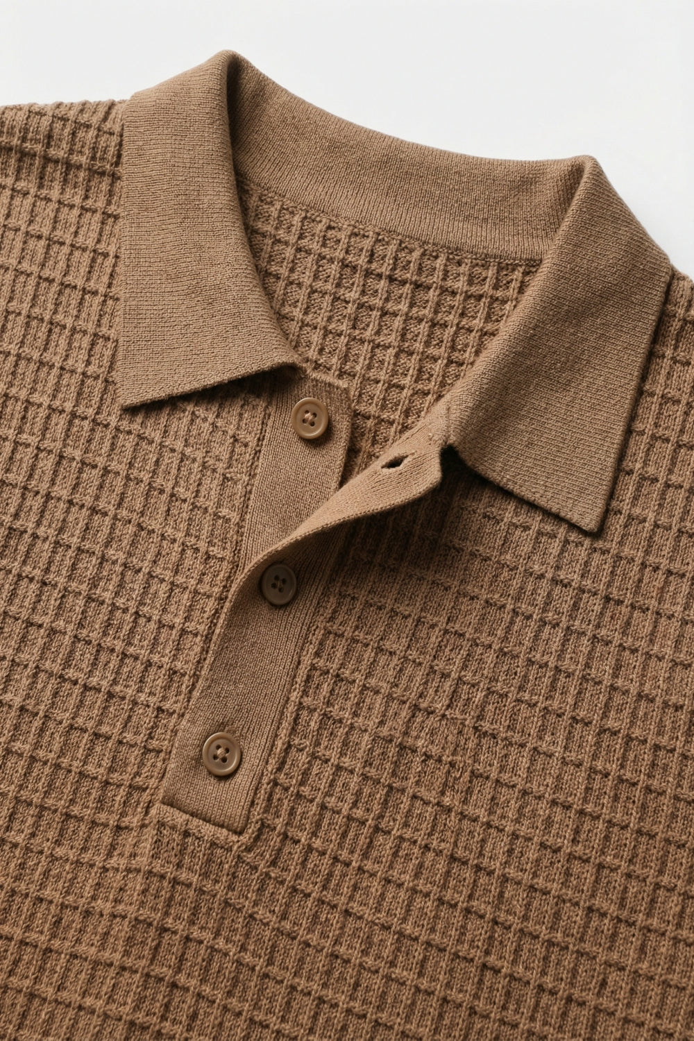 Camisola polo de malha texturada com mangas curtas em camel