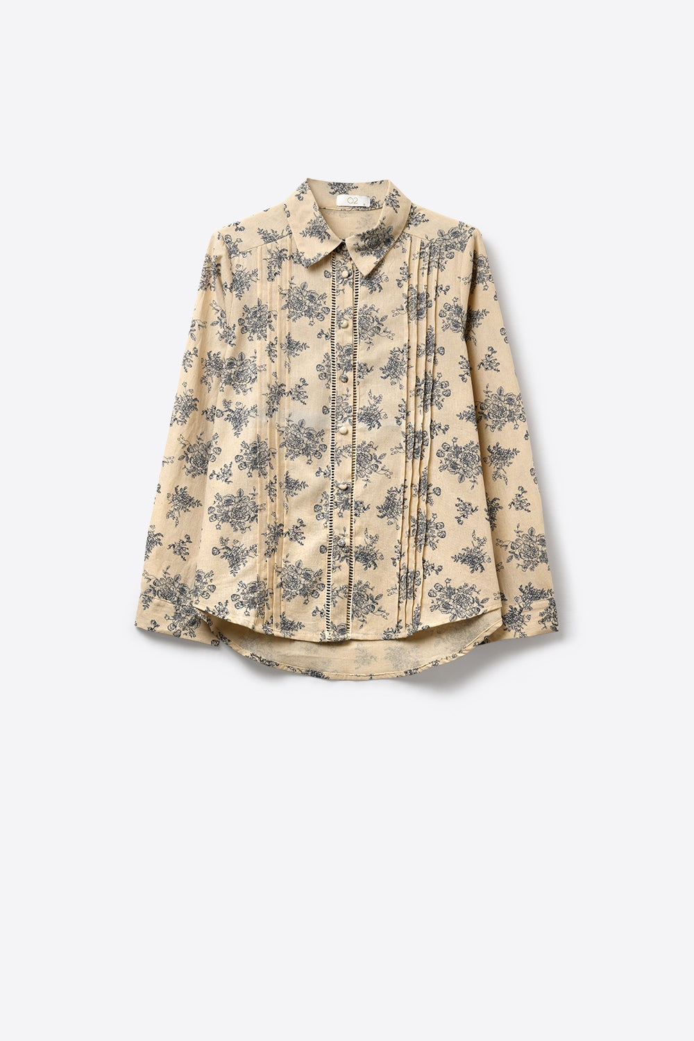 Camisa Bege com Estampa Floral e Detalhe de Crochê