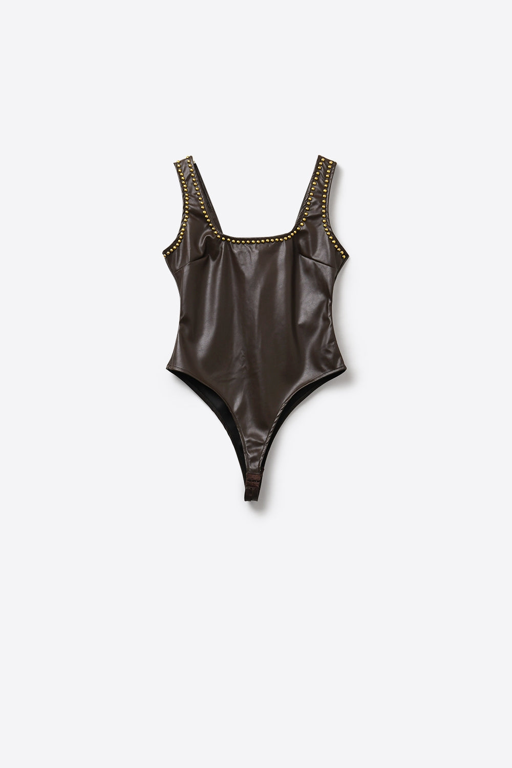 Bodysuit em pele sintética castanha com pormenores de tachas