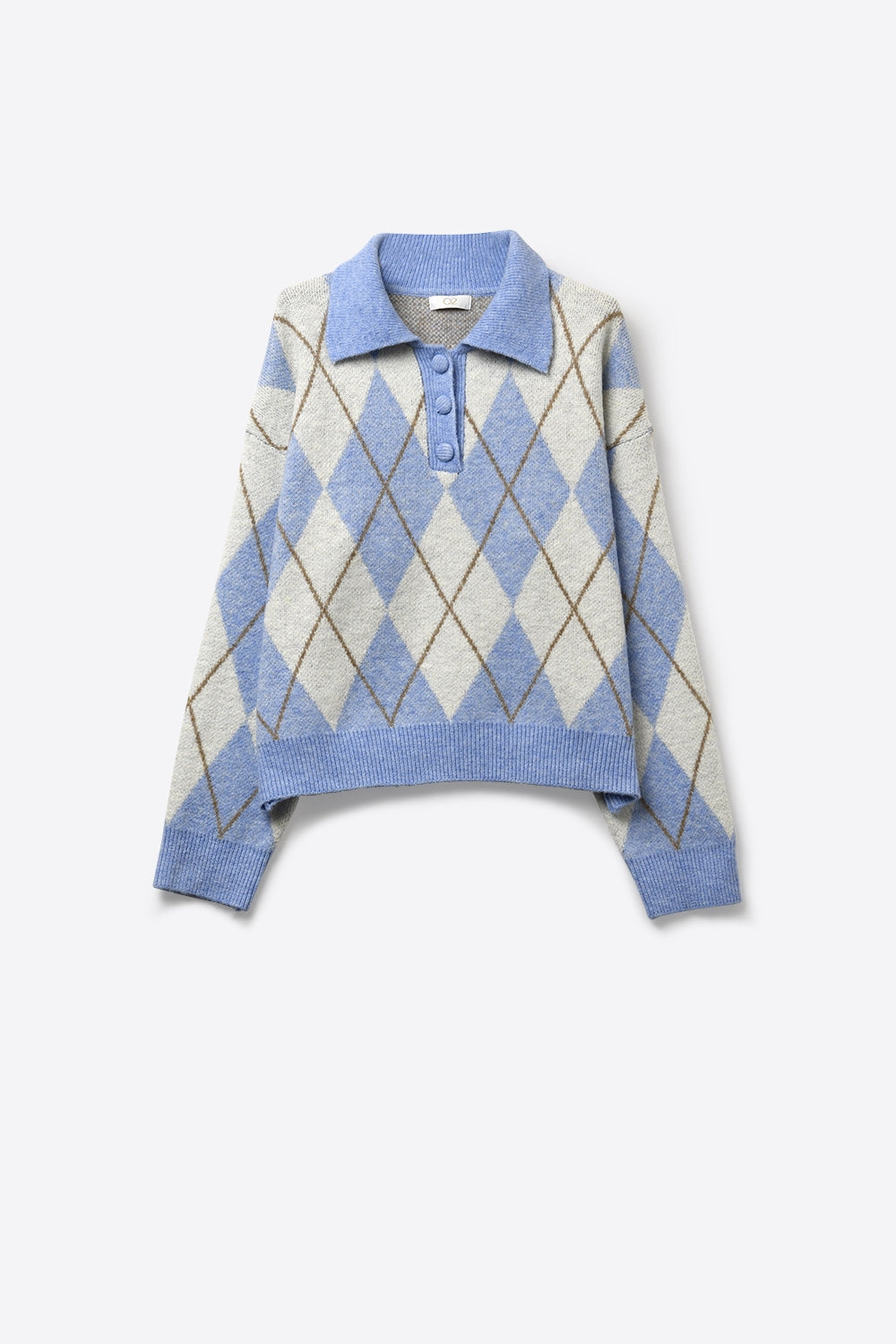 Camisola de malha azul com padrão de losangos e gola polo.