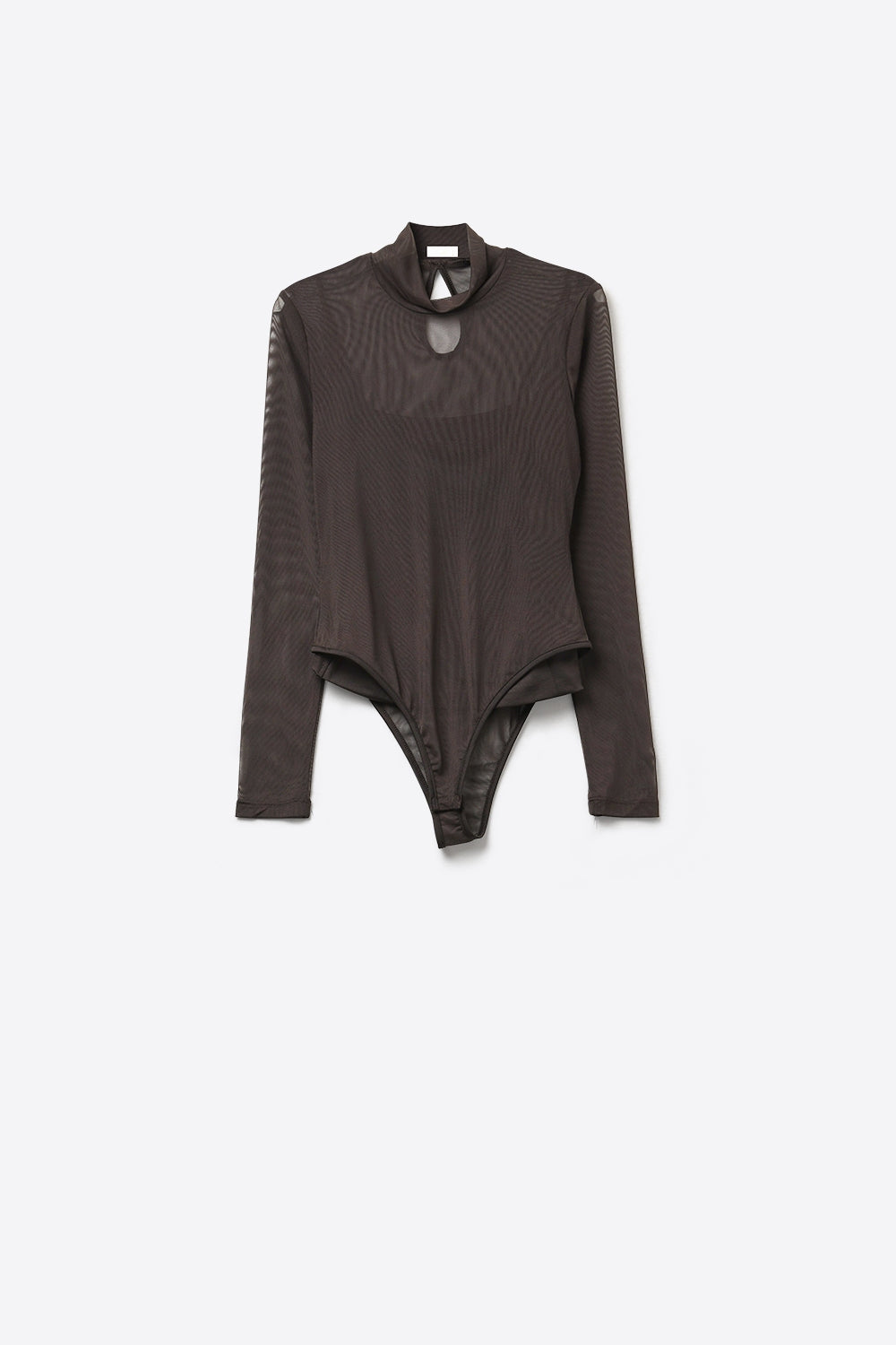 Body de Malha Transparente Marrom com Mangas Compridas e Gola Alta