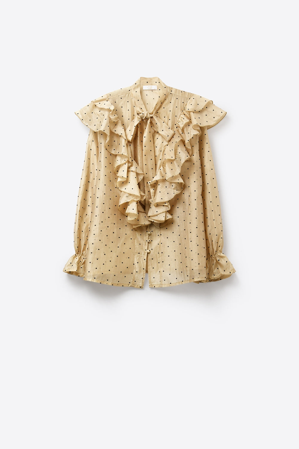 Blusa Bege com Poás e Babados com Laço no Pescoço