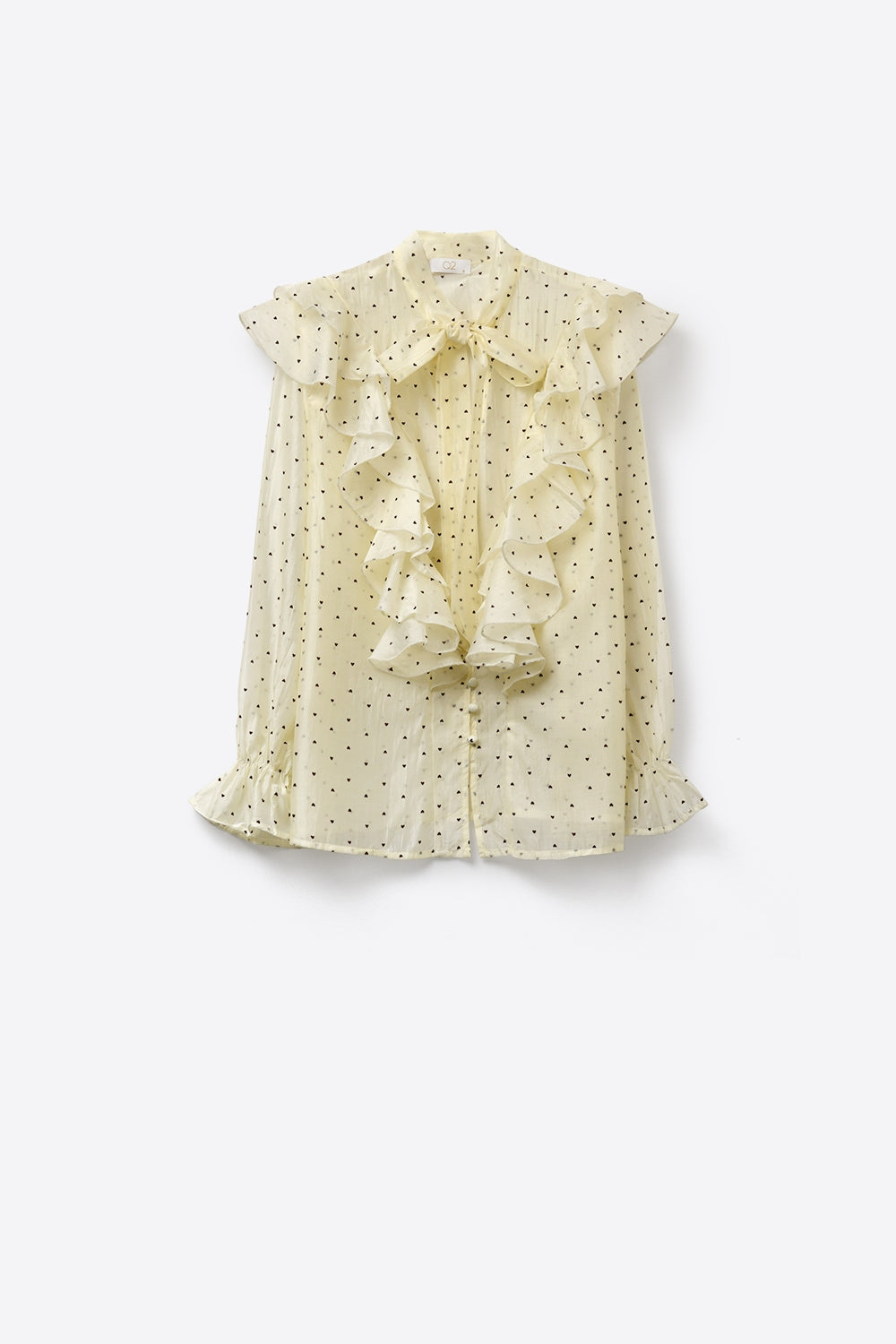 Blusa de bolinhas com folho à frente e punhos com folhos