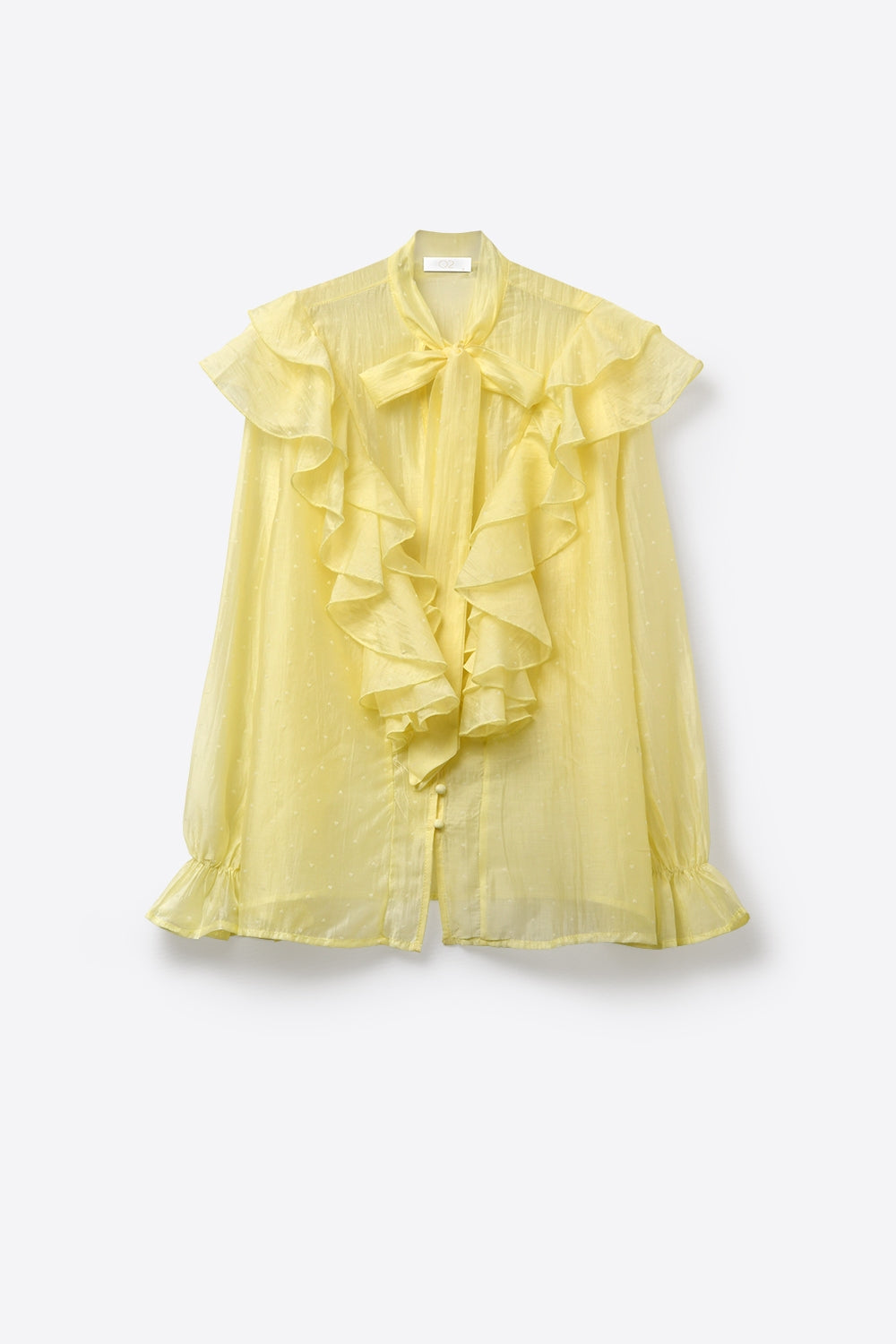 Blusa amarela com folhos e laço no pescoço