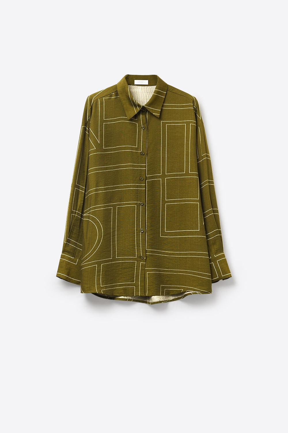 Camisa em tecido fluido fino de cor verde-oliva com estampado gráfico