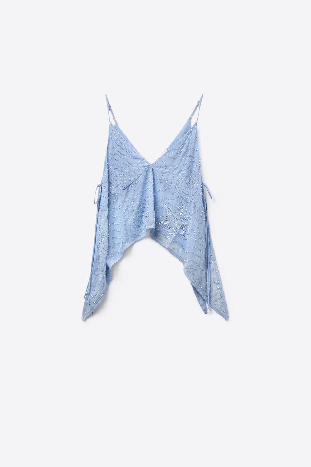 Top de Chiffon Azul Claro com Bainha Assimétrica e Enfeite de Contas