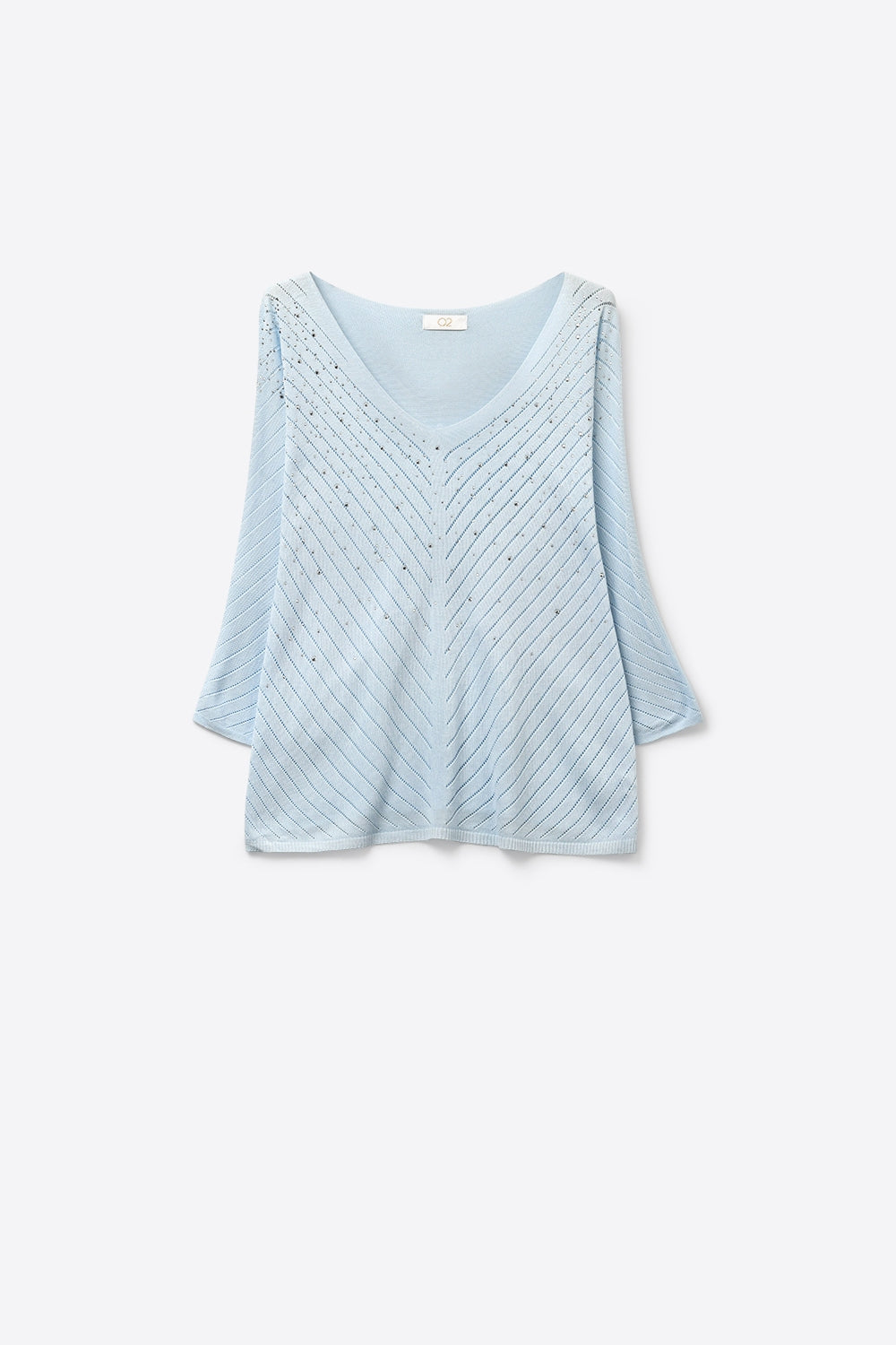 Camisola de malha azul clara com decote em V e pormenores brilhantes