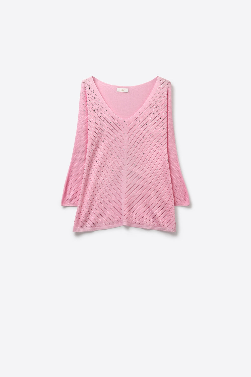 Camisola de malha leve com decote em V rosa e pormenores de missangas