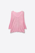 Camisola de malha leve com decote em V rosa e pormenores de missangas