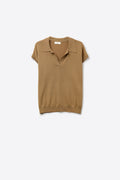 Camiseta Polo de Malha Fina em Camelo com Mangas Curtas