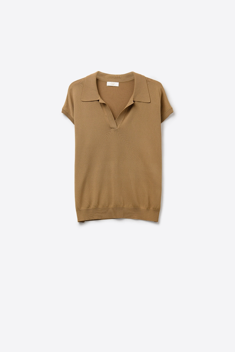 Camiseta Polo de Malha Fina em Camelo com Mangas Curtas