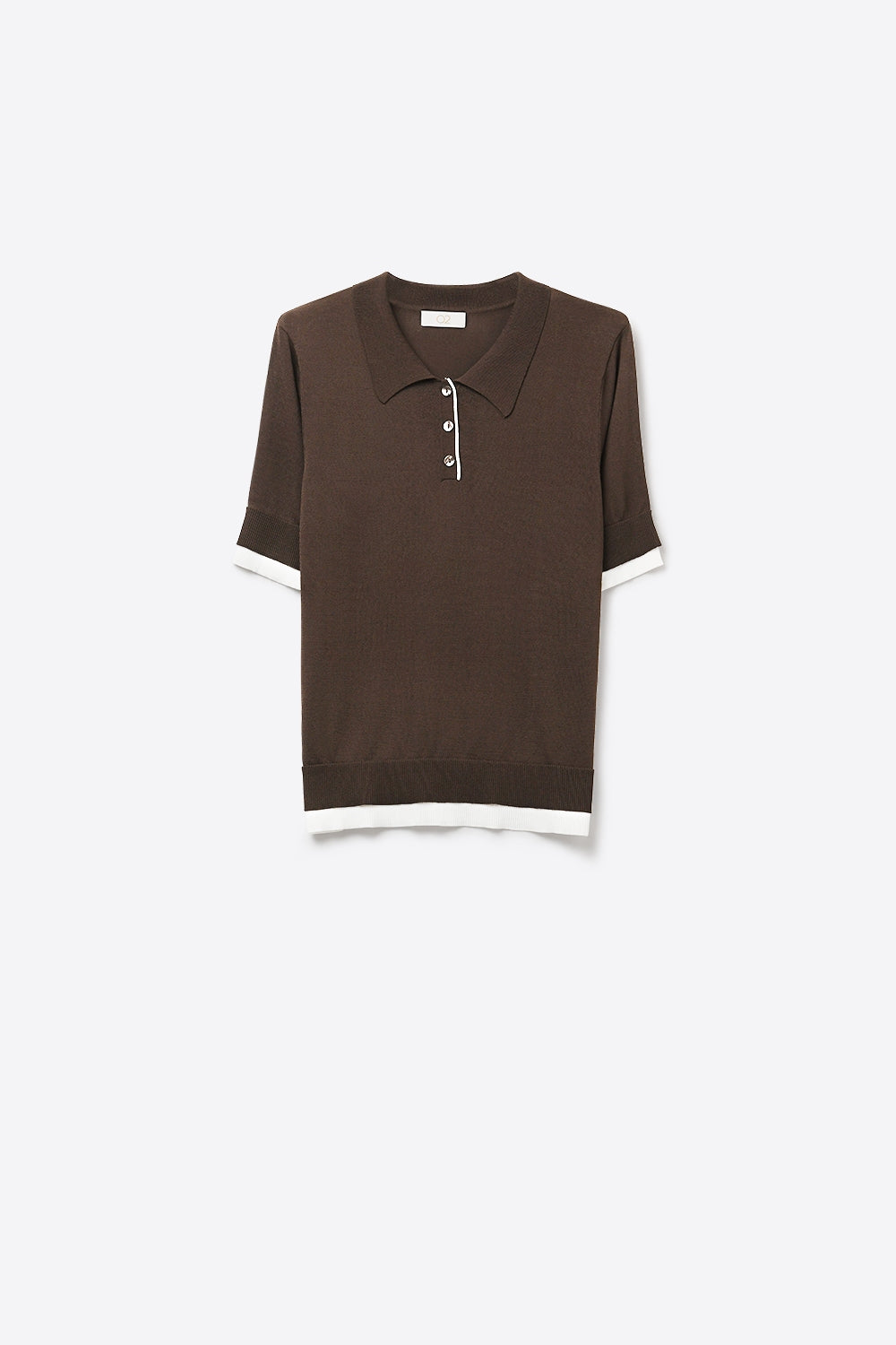 Camisola pólo castanha de manga curta com rebordo em contraste