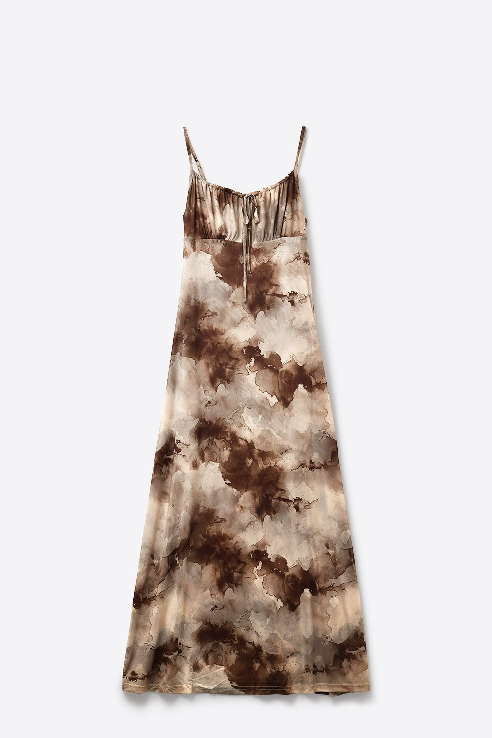Vestido Maxi Slip Tie-Dye Marrom com Alças Ajustáveis