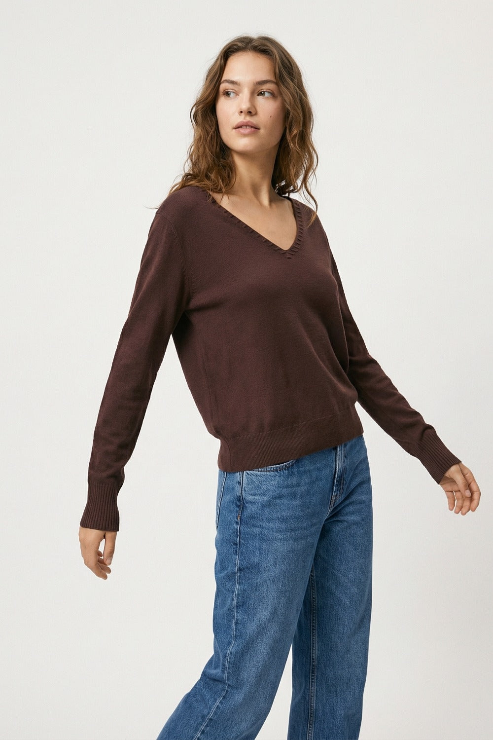 Camisola de malha fina com decote em V e pormenores decorativos no decote em castanho