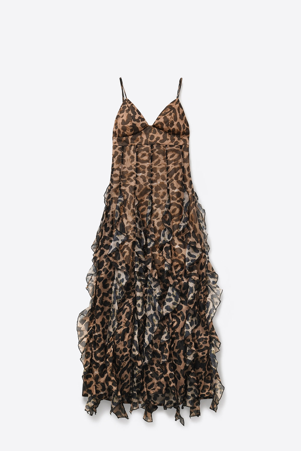 Vestido Maxi com Estampa de Leopardo Marrom em Tecido de Chiffon com Barra com Babados