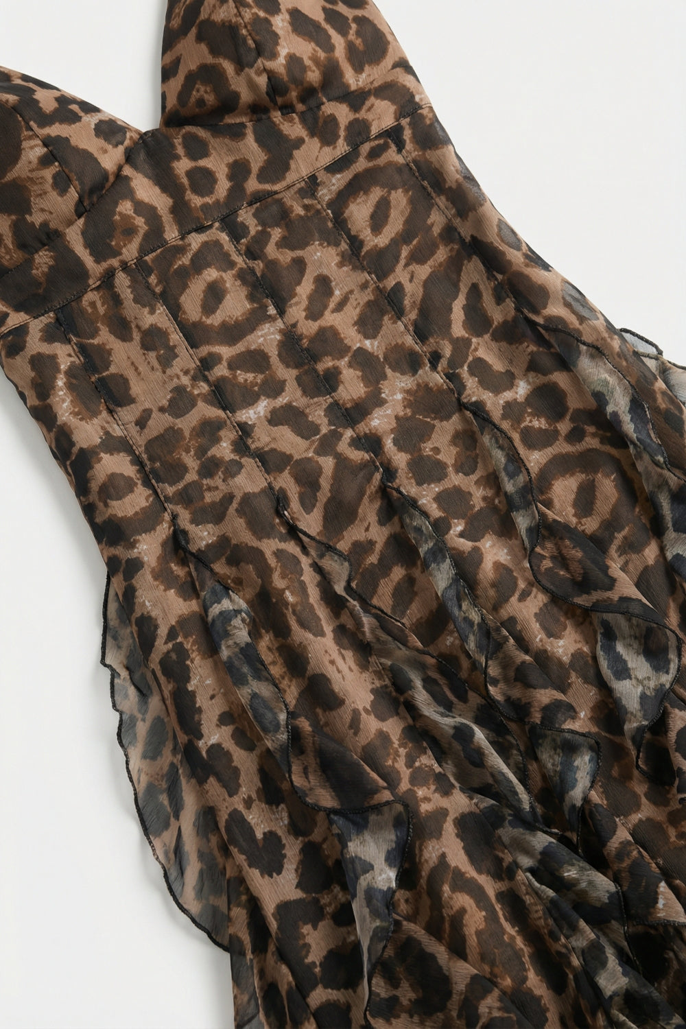 Vestido Maxi com Estampa de Leopardo Marrom em Tecido de Chiffon com Barra com Babados