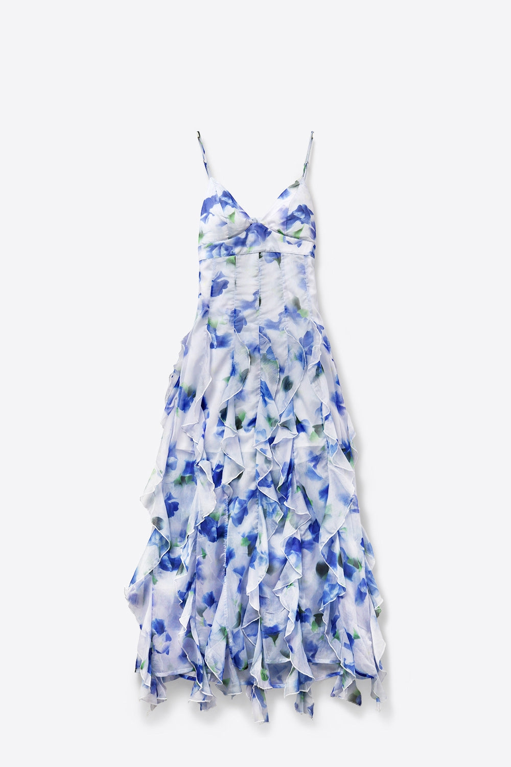 Vestido de Baile Maxi Branco e Azul com Estampa Floral e Babados
