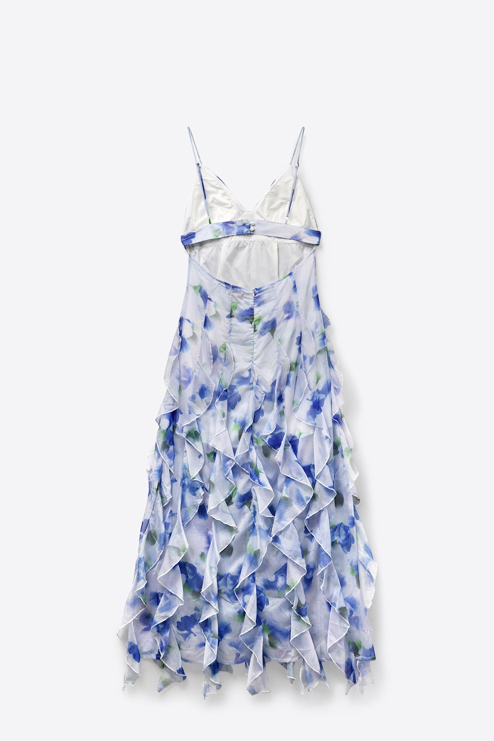 Vestido de Baile Maxi Branco e Azul com Estampa Floral e Babados
