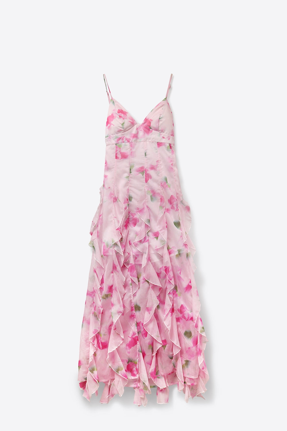 Vestido de Baile Maxi Floral Branco e Rosa com Babados