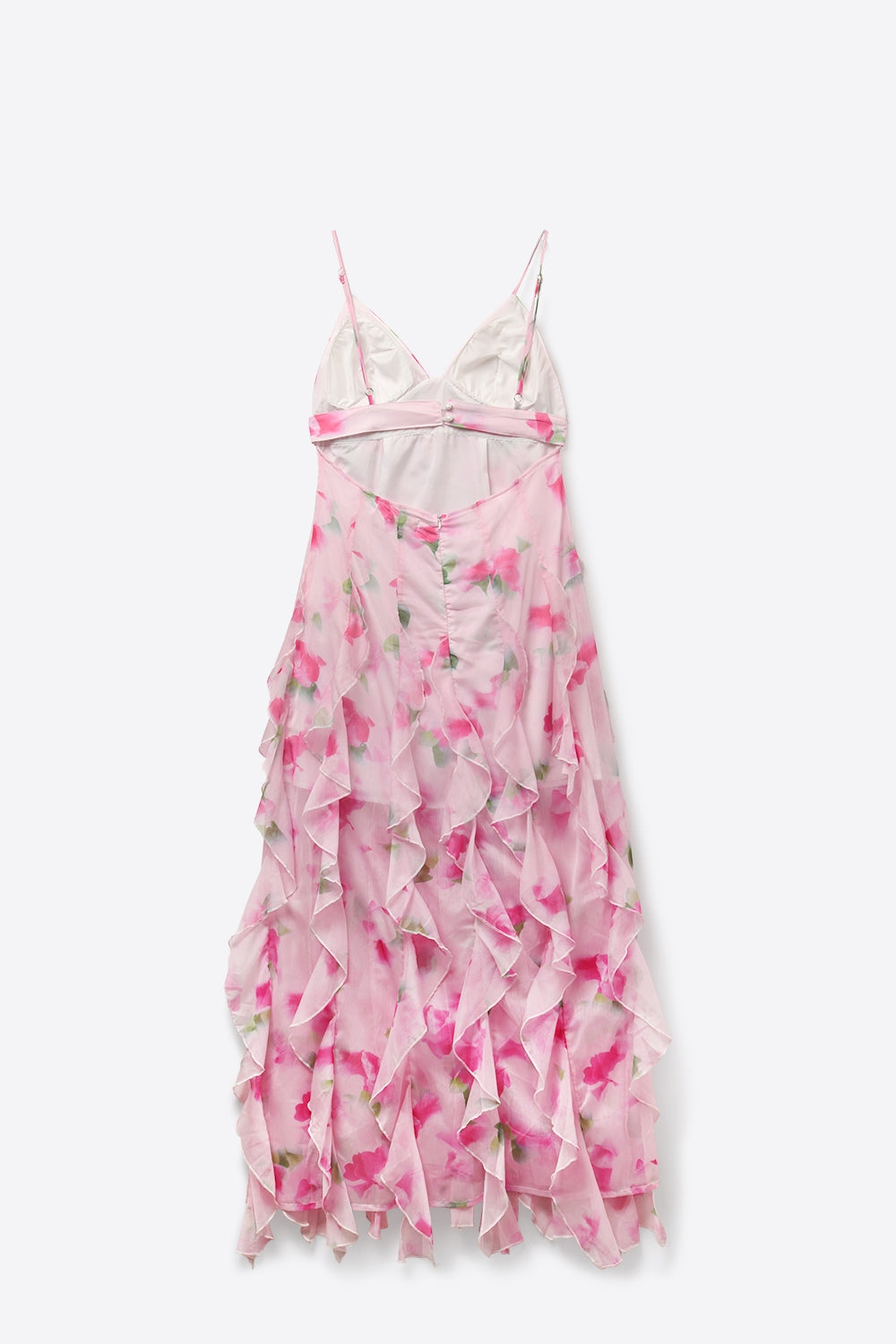 Vestido de Baile Maxi Floral Branco e Rosa com Babados