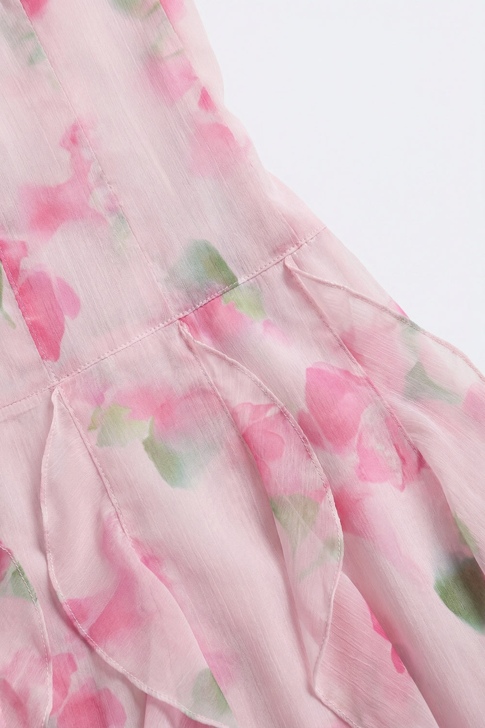Vestido de Baile Maxi Floral Branco e Rosa com Babados