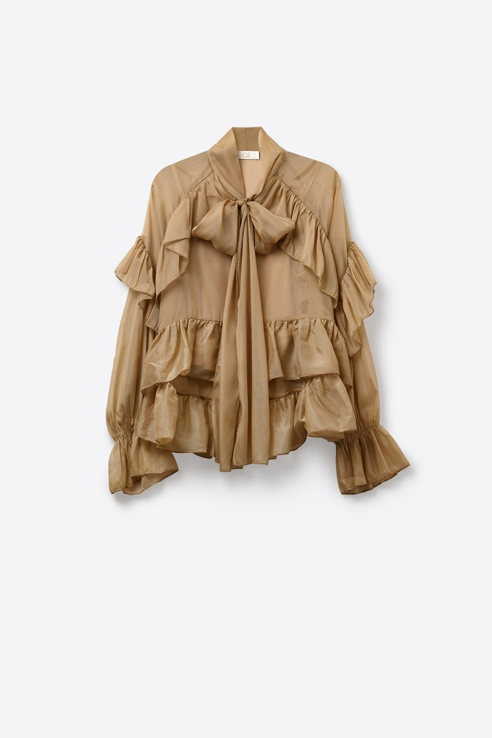 Blusa Transparente com Babados em Tecido de Chiffon na Cor Camelo