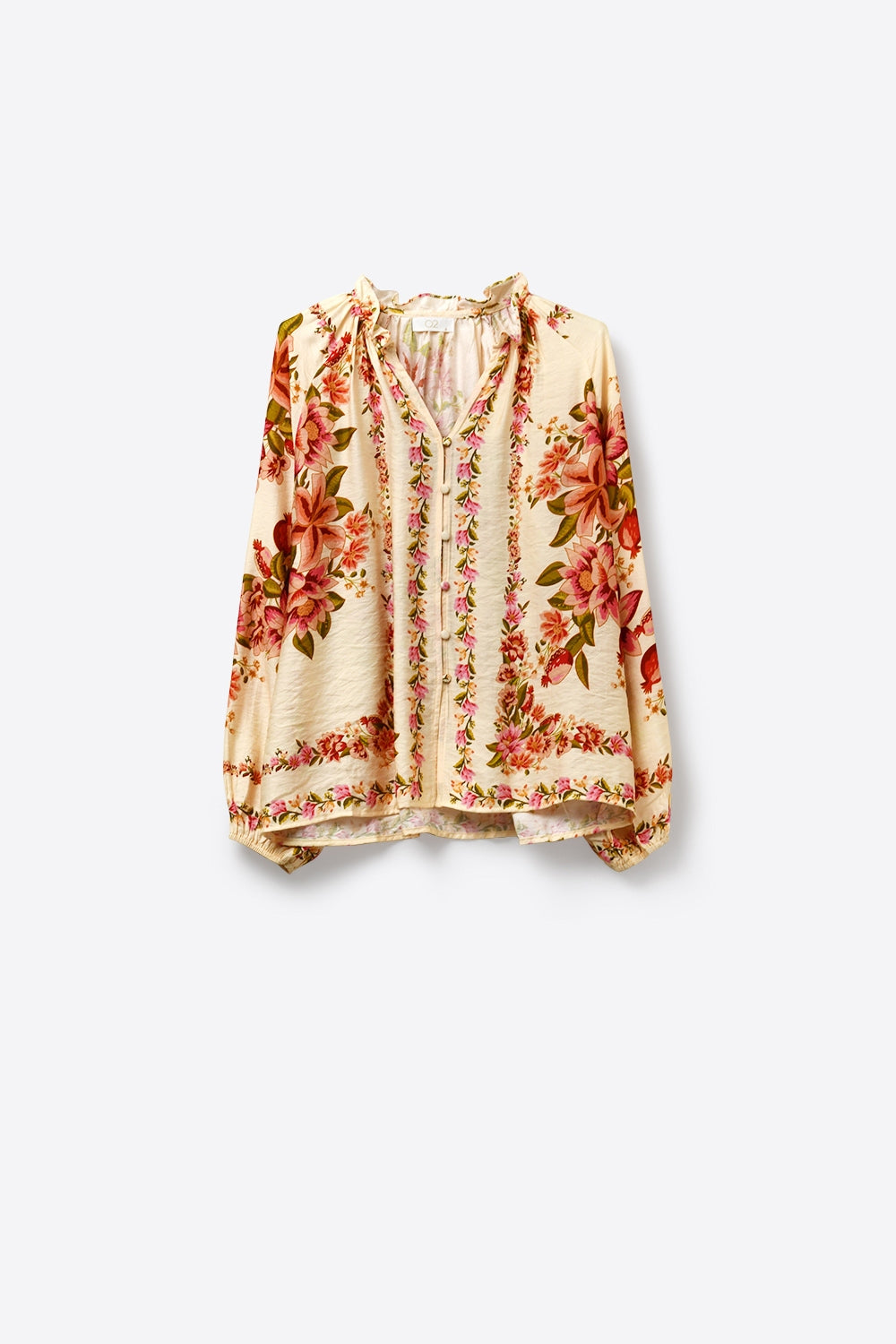 Blusa Boho com estampado floral em creme e gola com cordão