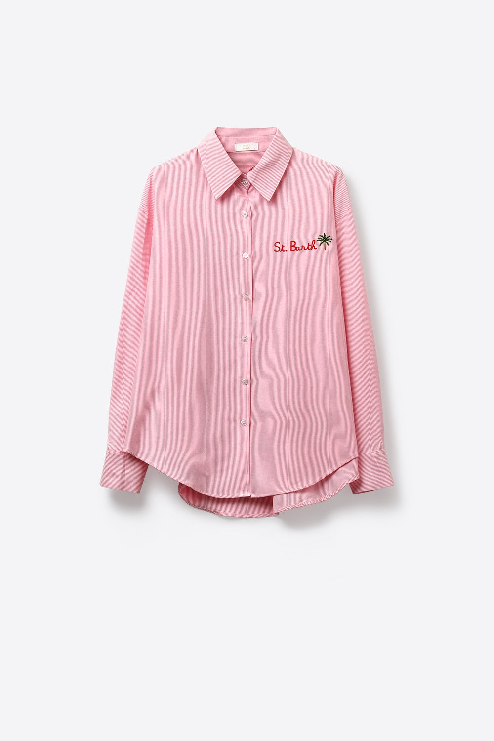 Camisa rosa com botões e listras com detalhe bordado St Barth