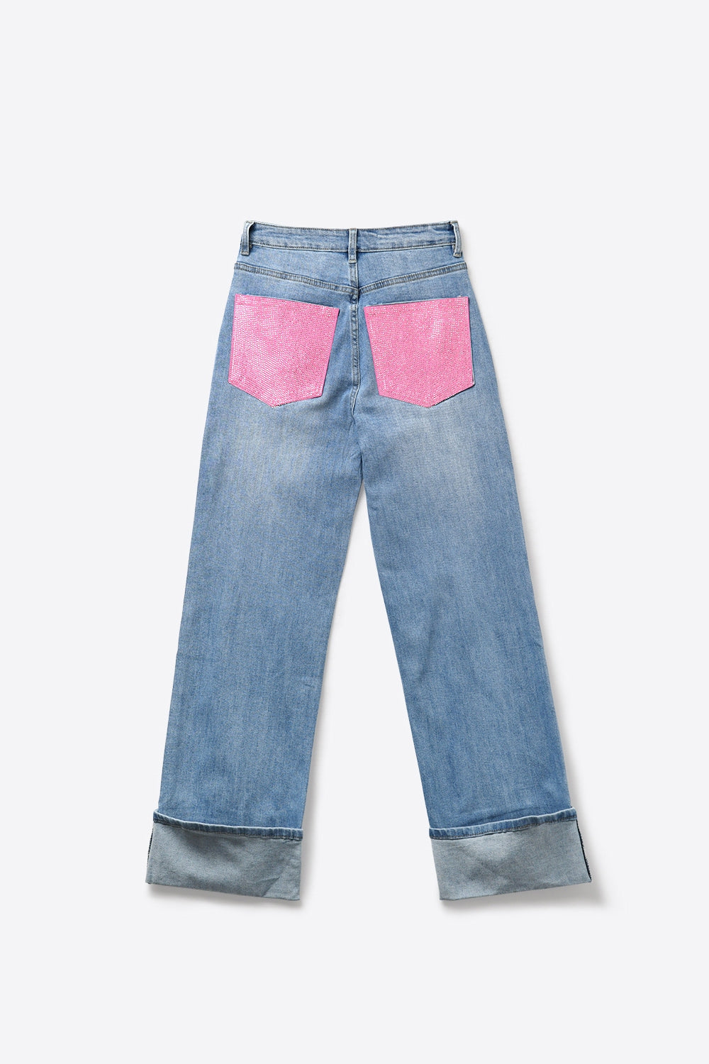 Jeans Denim Azul Claro com Bolsos Traseiros Rosa em Strass