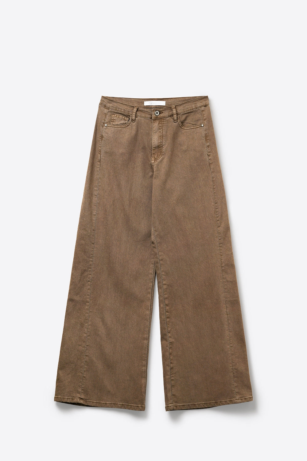 Calças de Denim de Algodão Castanho de Perna Larga Casual