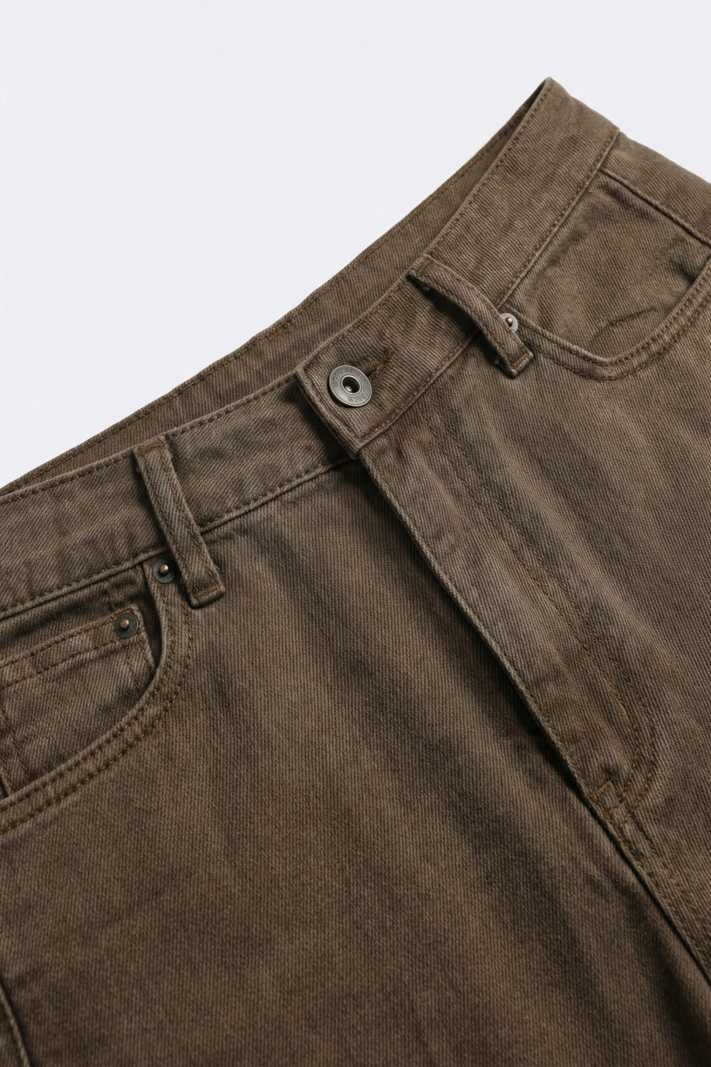 Calças de Denim de Algodão Castanho de Perna Larga Casual