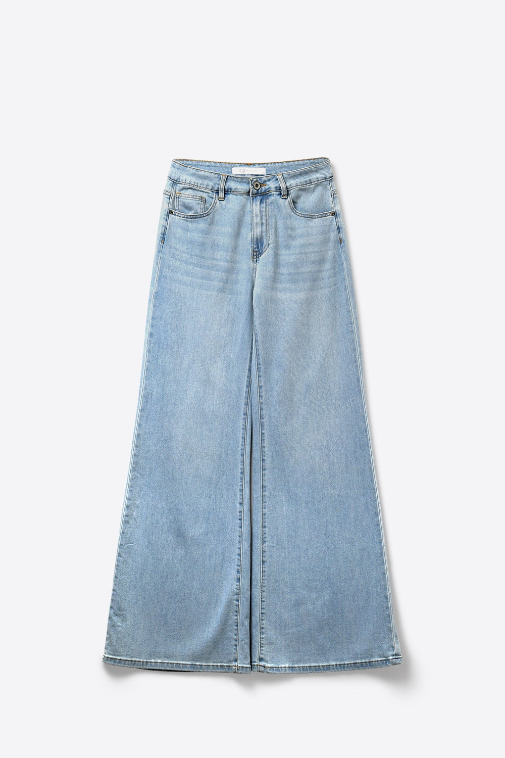 Denim de Cintura Alta e Perna Larga em Lavagem Azul Claro