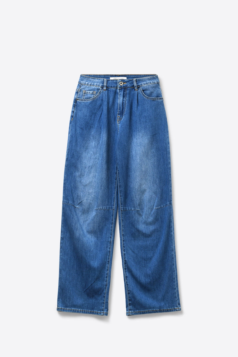 Jeans de Cintura Alta com Pernas Largas em Denim Leve com Detalhe de Costura Curva