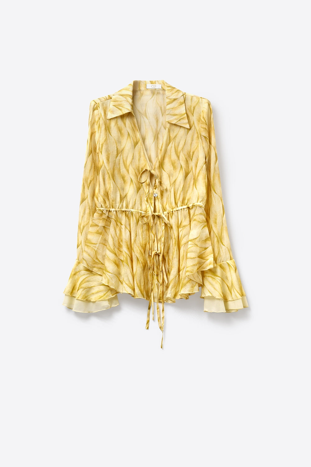 Blusa Amarela Transparente com Estampa Cintura Ajustável e Barra com Babados