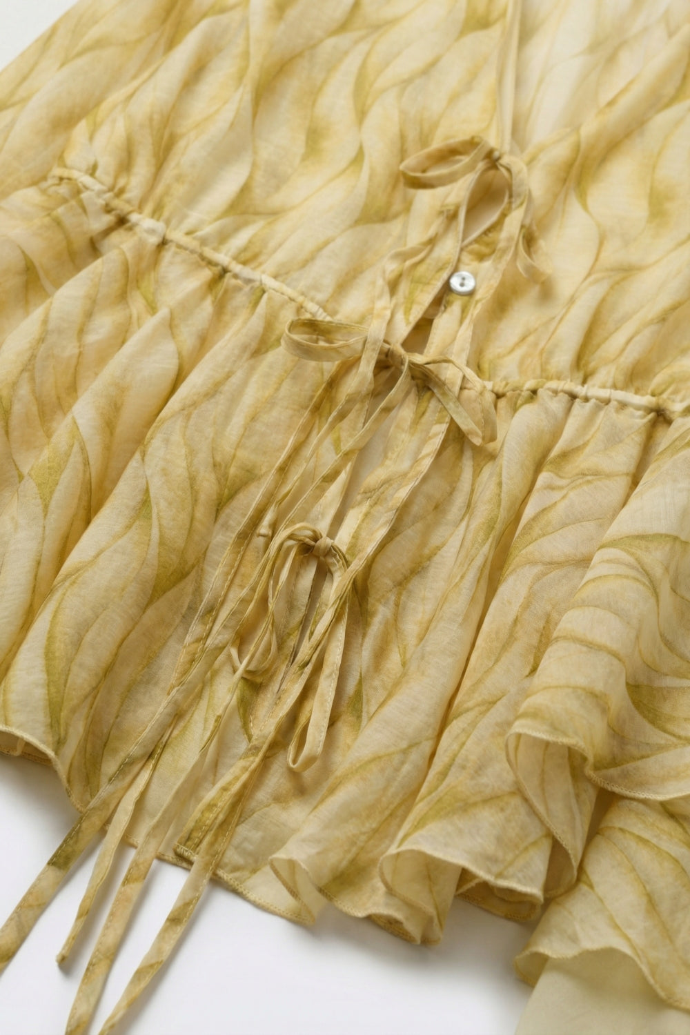Blusa Amarela Transparente com Estampa Cintura Ajustável e Barra com Babados