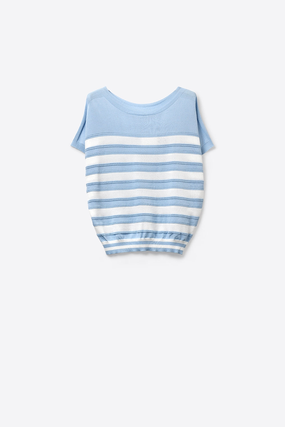 Camisola de manga curta de malha às riscas azul clara