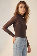 Body de Malha Transparente Marrom com Mangas Compridas e Gola Alta