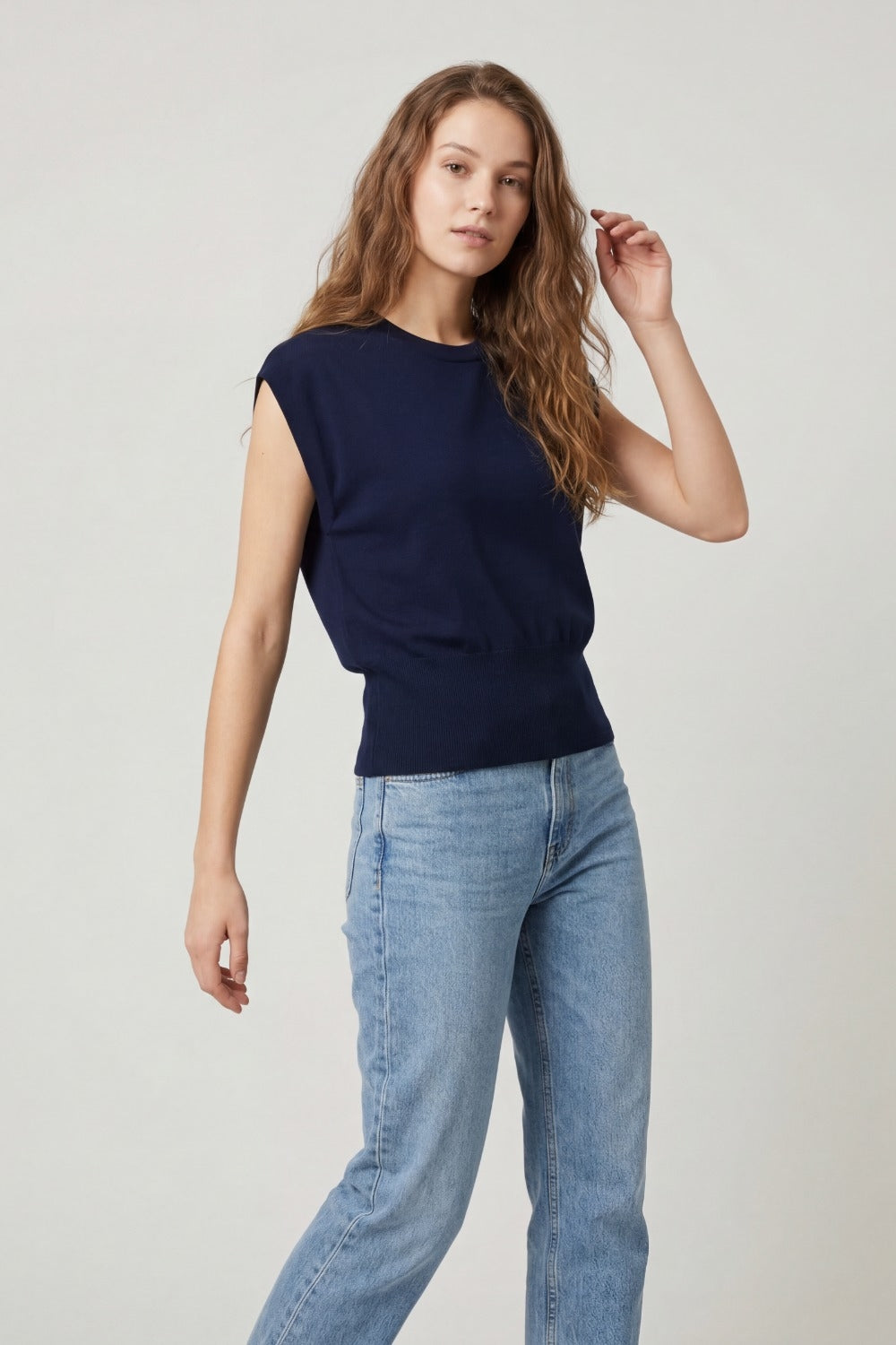 Suéter de Malha Leve com Cós Largura em azul-marinho