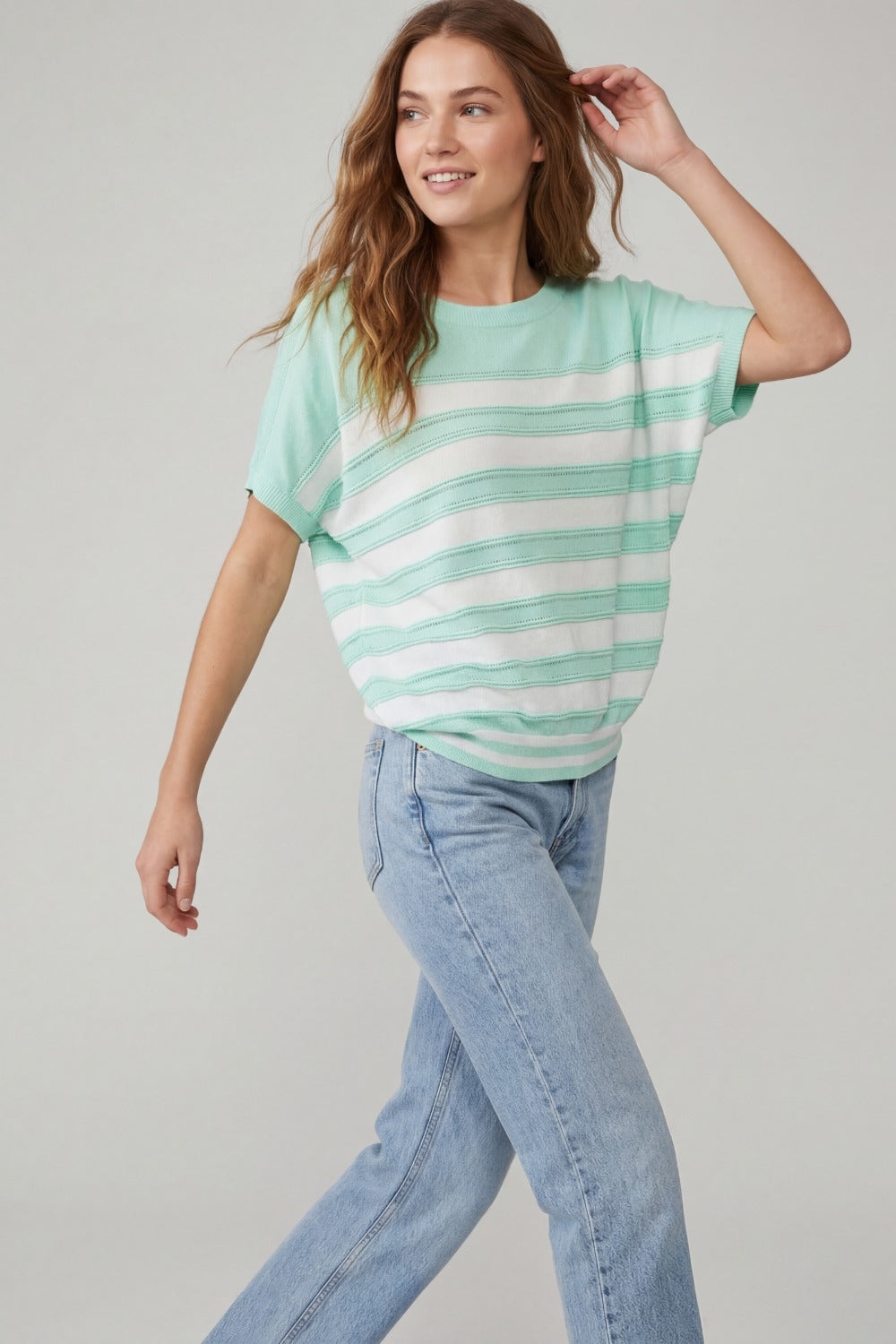 Camisola de manga curta de malha às riscas verde menta