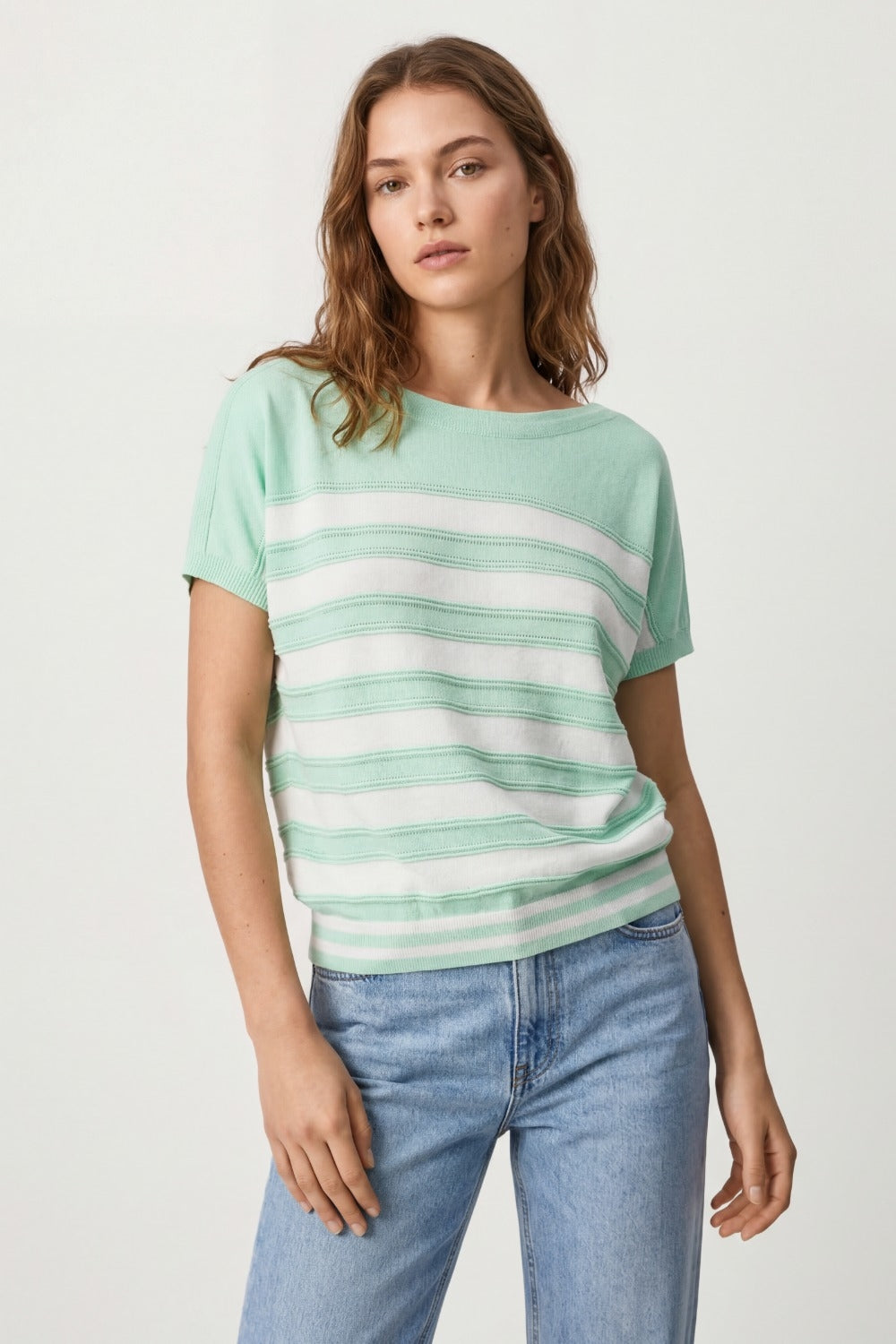 Camisola de manga curta de malha às riscas verde menta